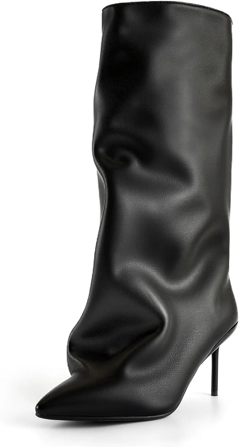 Women's Slouchy Knee High Boots Black Shark Boots for Women Stiletto Heel Pointed Toe Long Tall Boots Pull on Booties