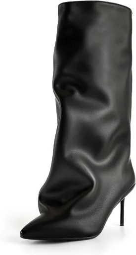 Women's Slouchy Knee High Boots Black Shark Boots for Women Stiletto Heel Pointed Toe Long Tall Boots Pull on Booties