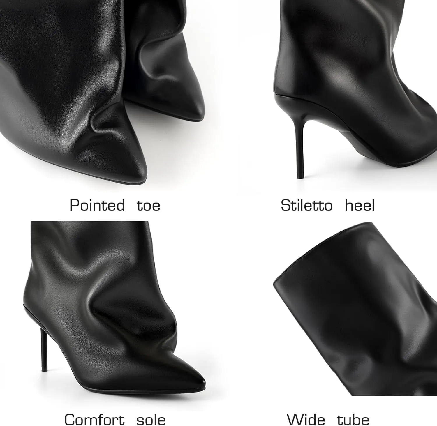 Women's Slouchy Knee High Boots Black Shark Boots for Women Stiletto Heel Pointed Toe Long Tall Boots Pull on Booties