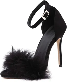 YIBLBOX Women's Feather Heels Open Toe Sandal Fluffy Fur High Heel Shoes Ankle Strap Stiletto Pump for Wedding Party Dance Evening