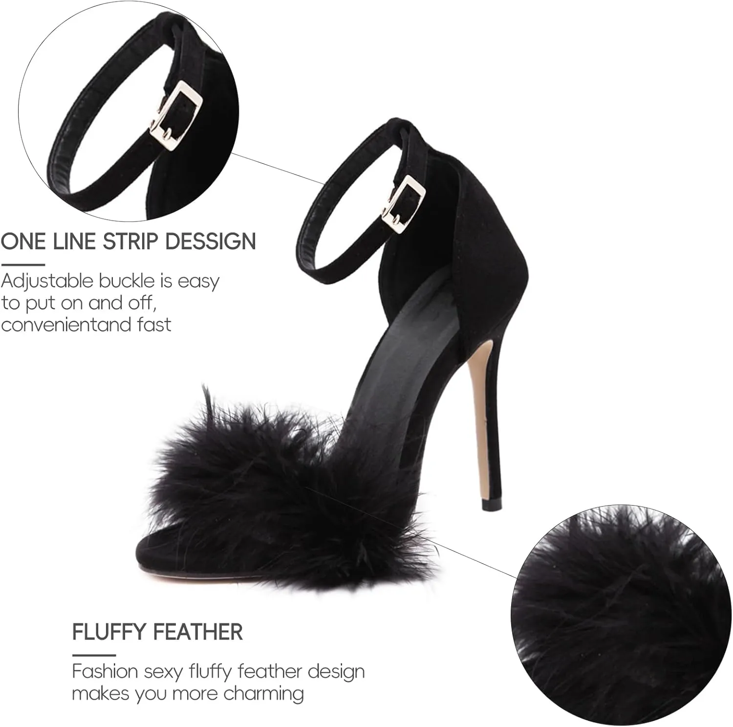 YIBLBOX Women's Feather Heels Open Toe Sandal Fluffy Fur High Heel Shoes Ankle Strap Stiletto Pump for Wedding Party Dance Evening